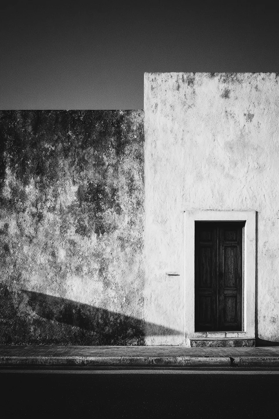 A closed weathered door in a whitewashed stone wall.