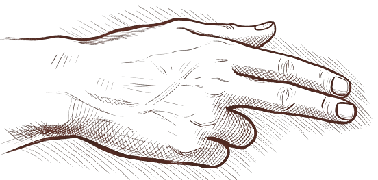 A hand with the index and middle fingers extended together and the thumb held clear.